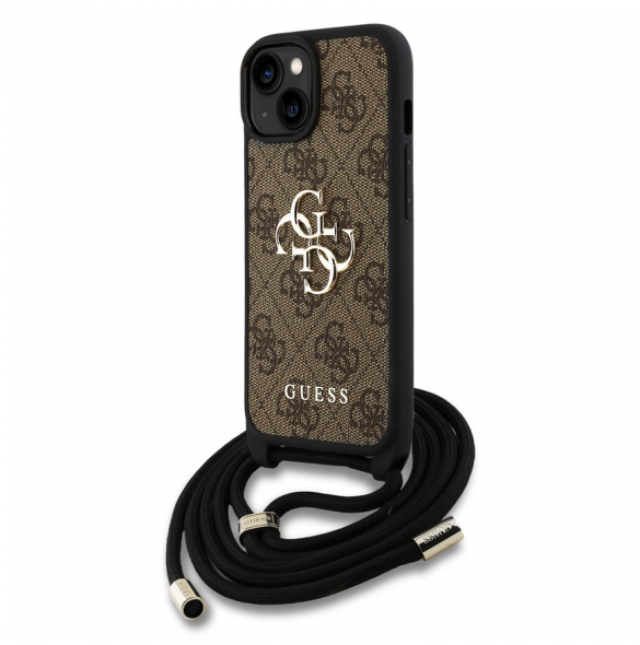 Guess PU 4G Metal Logo Crossbody Strap Case för iPhone 15 Brun