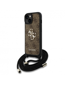 Guess PU 4G Metal Logo Crossbody Strap Case för iPhone 15 Brun