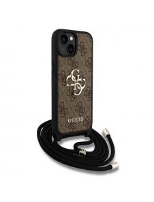 Guess PU 4G Metal Logo Crossbody Strap Case för iPhone 15 Brun