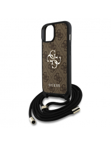 Guess PU 4G Metal Logo Crossbody Strap Case för iPhone 15 Brun