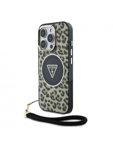 Guess IML Leopard Triangle Logo Strap MagSafe Fodral för iPhone 16 Pro Max Brun