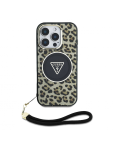 Guess IML Leopard Triangle Logo Strap MagSafe Fodral för iPhone 16 Pro Max Brun