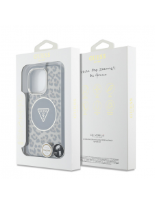 Guess IML Leopard Triangle Logo Strap MagSafe Fodral för iPhone 16 Pro Max Brun
