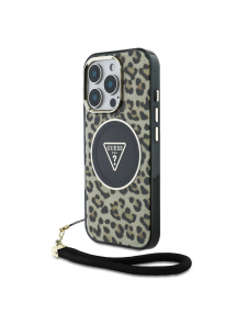 Guess IML Leopard Triangle Logo Strap MagSafe Fodral för iPhone 16 Pro Brown