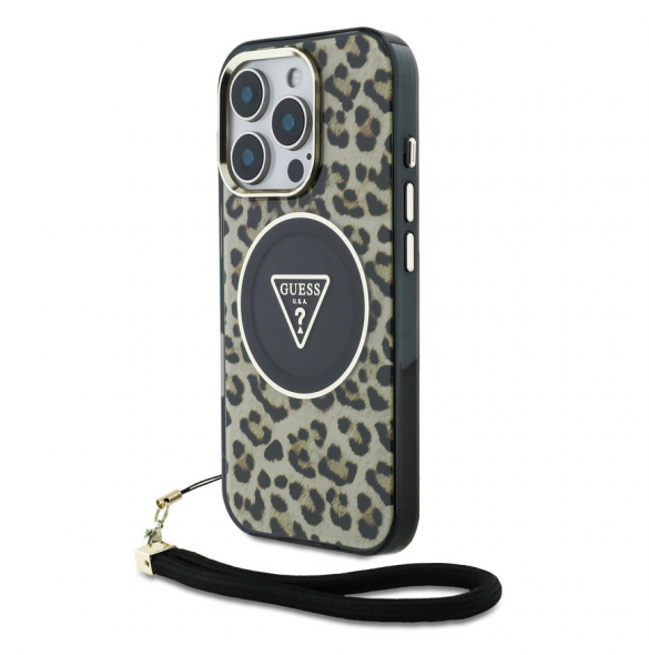 Guess IML Leopard Triangle Logo Strap MagSafe Fodral för iPhone 16 Pro Brown
