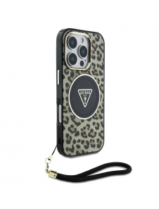 Guess IML Leopard Triangle Logo Strap MagSafe Fodral för iPhone 16 Pro Brown
