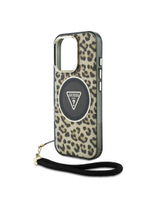 Guess IML Leopard Triangle Logo Strap MagSafe Fodral för iPhone 16 Pro Brown