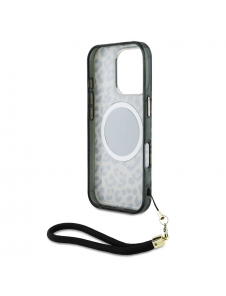 Guess IML Leopard Triangle Logo Strap MagSafe Fodral för iPhone 16 Pro Brown