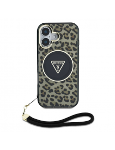 Guess IML Leopard Triangle Logo Strap MagSafe Fodral för iPhone 16 Brun