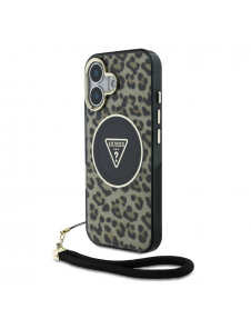 Guess IML Leopard Triangle Logo Strap MagSafe Fodral för iPhone 16 Brun