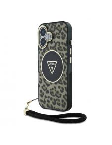 Guess IML Leopard Triangle Logo Strap MagSafe Fodral för iPhone 16 Brun