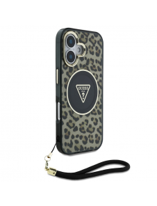 Guess IML Leopard Triangle Logo Strap MagSafe Fodral för iPhone 16 Brun
