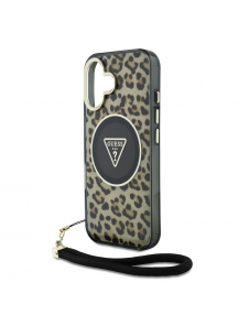 Guess IML Leopard Triangle Logo Strap MagSafe Fodral för iPhone 16 Brun