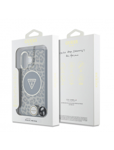 Guess IML Leopard Triangle Logo Strap MagSafe Fodral för iPhone 16 Brun