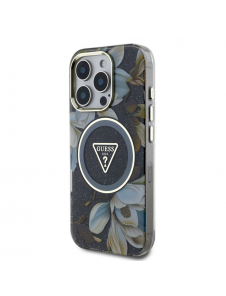 Guess IML Glitter Magnolia och Triangle Logo MagSafe Fodral för iPhone 16 Pro Max Svart