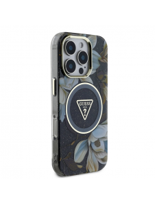Guess IML Glitter Magnolia och Triangle Logo MagSafe Fodral för iPhone 16 Pro Max Svart