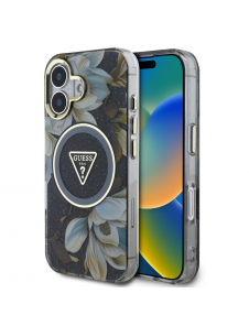 Guess IML Glitter Magnolia och Triangle Logo MagSafe Fodral för iPhone 16 Svart