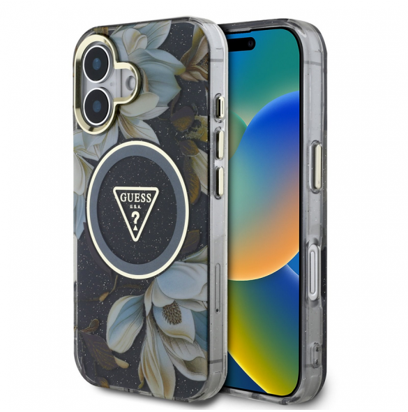 Guess IML Glitter Magnolia och Triangle Logo MagSafe Fodral för iPhone 16 Svart