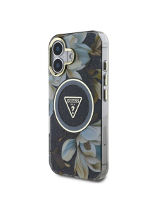 Guess IML Glitter Magnolia och Triangle Logo MagSafe Fodral för iPhone 16 Svart