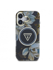 Guess IML Glitter Magnolia och Triangle Logo MagSafe Fodral för iPhone 16 Svart