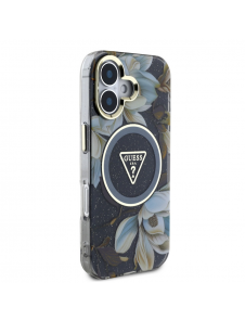 Guess IML Glitter Magnolia och Triangle Logo MagSafe Fodral för iPhone 16 Svart