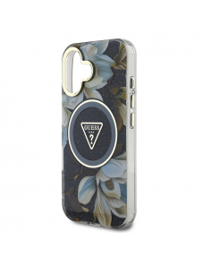 Guess IML Glitter Magnolia och Triangle Logo MagSafe Fodral för iPhone 16 Svart