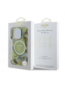Guess IML Glitter Magnolia och Triangle Logo MagSafe Fodral för iPhone 16 Pro Green