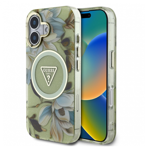 Guess IML Glitter Magnolia och Triangle Logo MagSafe Fodral för iPhone 16 Grön