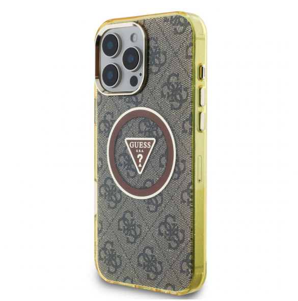 Guess IML 4G Glitter och Triangle Logo MagSafe Fodral för iPhone 16 Pro Max Brun
