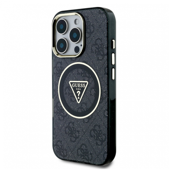 Guess IML 4G Glitter och Triangle Logo MagSafe Fodral för iPhone 16 Pro Svart