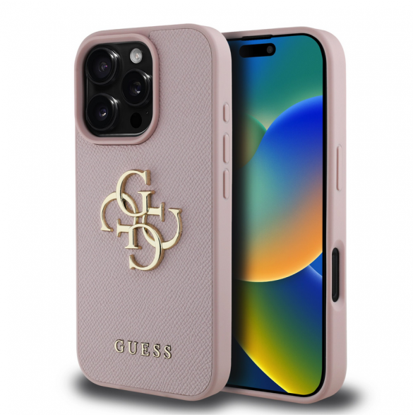 Guess PU Grained 4G metalllogofodral för iPhone 16 Pro Pink