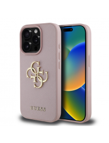Guess PU Grained 4G metalllogofodral för iPhone 15 Pro Max Rosa