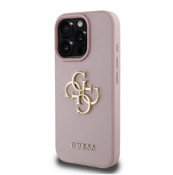 Guess PU Grained 4G metalllogofodral för iPhone 15 Pro Pink