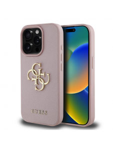 Guess PU Grained 4G metalllogofodral för iPhone 15 Pro Pink