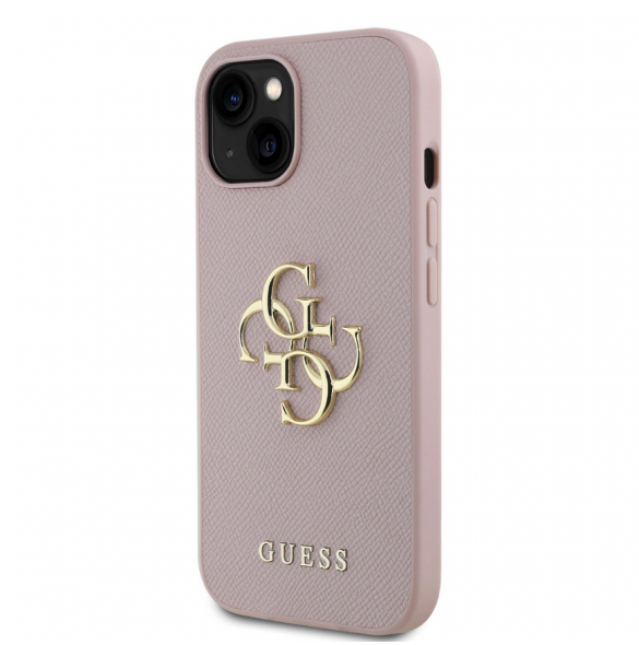 Guess PU Grained 4G metalllogofodral för iPhone 15 Rosa