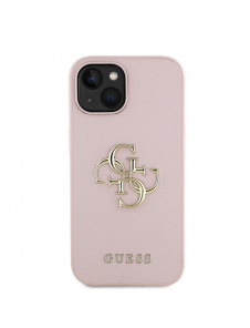 Guess PU Grained 4G metalllogofodral för iPhone 15 Rosa