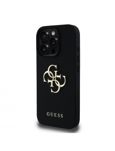 Guess PU Grained 4G metalllogofodral för iPhone 16 Pro Svart