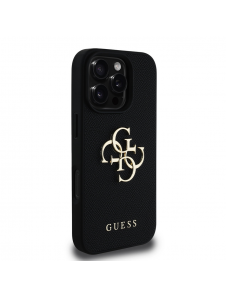 Guess PU Grained 4G metalllogofodral för iPhone 16 Pro Svart