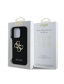 Guess PU Grained 4G metalllogofodral för iPhone 16 Pro Svart