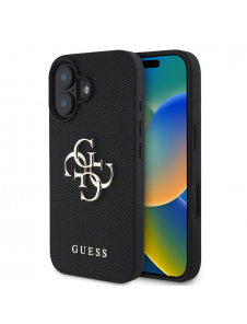 Guess PU Grained 4G metalllogofodral för iPhone 16 Svart