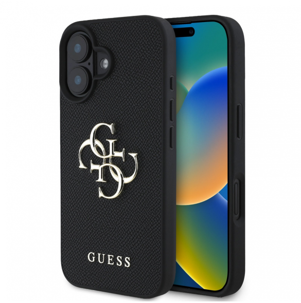 Guess PU Grained 4G metalllogofodral för iPhone 16 Svart