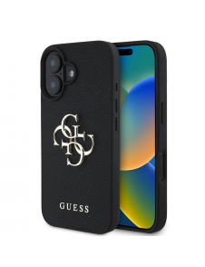 Guess PU Grained 4G metalllogofodral för iPhone 16 Svart