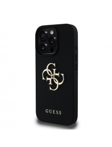 Guess PU Grained 4G metalllogofodral för iPhone 15 Pro Svart
