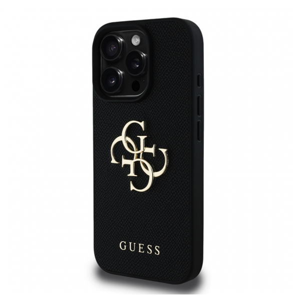 Guess PU Grained 4G metalllogofodral för iPhone 15 Pro Svart