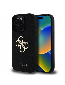 Guess PU Grained 4G metalllogofodral för iPhone 15 Pro Svart
