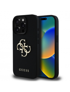 Guess PU Grained 4G metalllogofodral för iPhone 15 Pro Svart