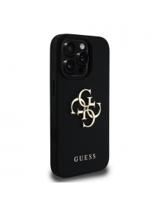 Guess PU Grained 4G metalllogofodral för iPhone 15 Pro Svart