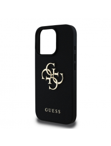 Guess PU Grained 4G metalllogofodral för iPhone 15 Pro Svart