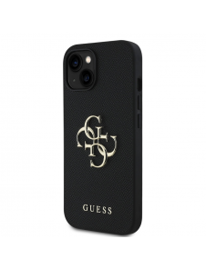 Guess PU Grained 4G metalllogofodral för iPhone 15 Svart