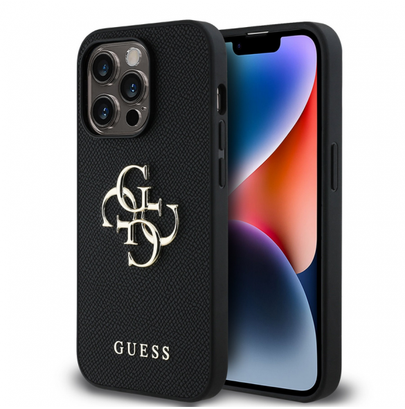 Guess PU Grained 4G metalllogofodral för iPhone 14 Pro Svart